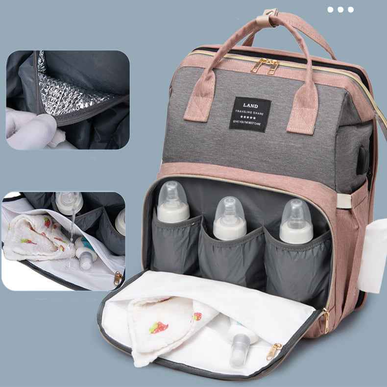 Mummy Baby Crib Backpack – Large Capacity Nappy Bag with USB Port & Cot Feature