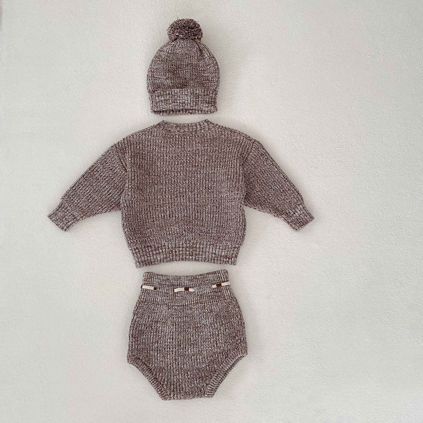 3-Piece Baby Knitwear Set – Pullover Romper, Knit Pants & Pom-Pom Hat