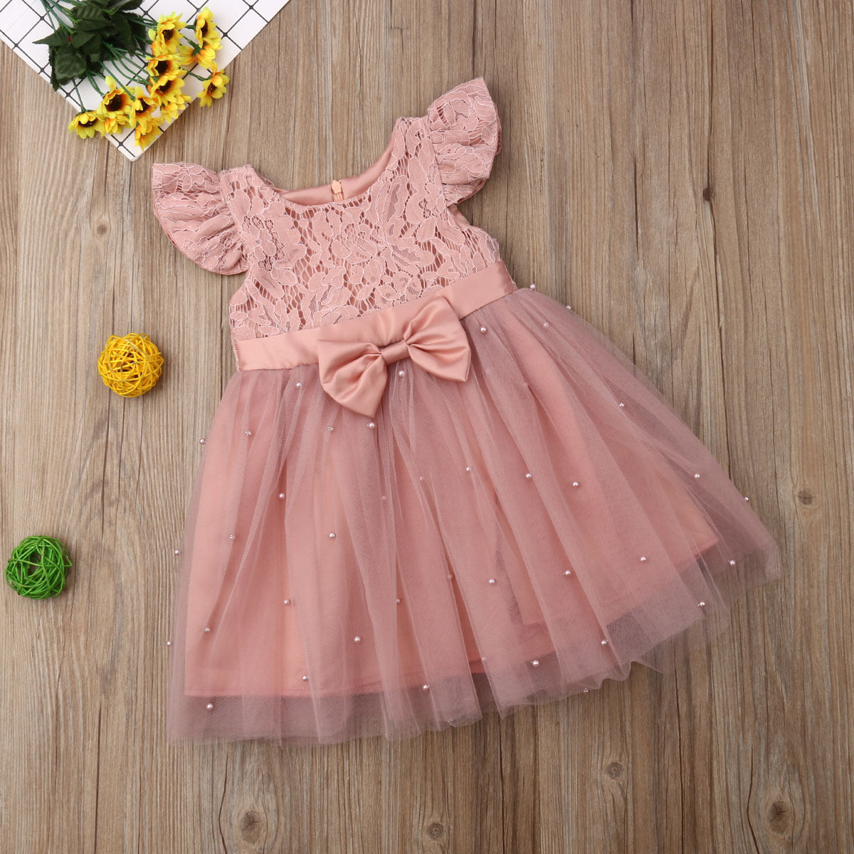Baby Girl Party Dress - Lace Tulle Flutter Sleeves with Bow