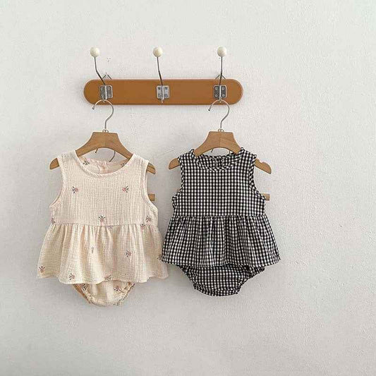 Girls' Embroidered Plaid Baby Skirt Set – Two Piece