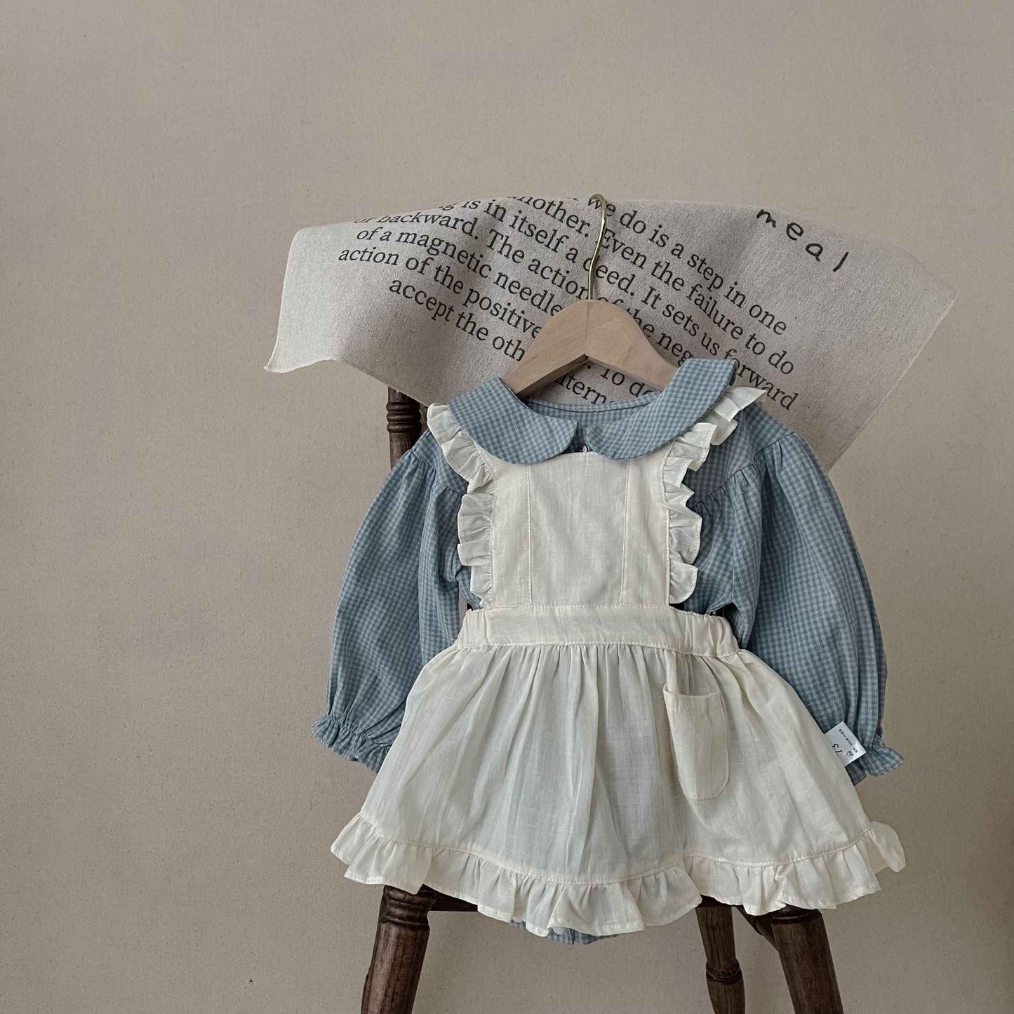 Vintage-Inspired Baby Girl Romper Set – Long Sleeve Gingham with Pinafore Skirt