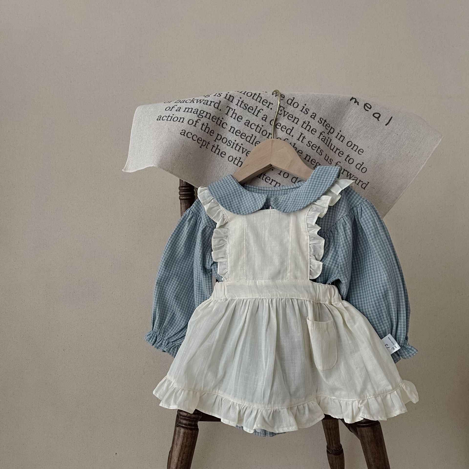 Vintage-Inspired Baby Girl Romper Set – Long Sleeve Gingham with Pinafore Skirt