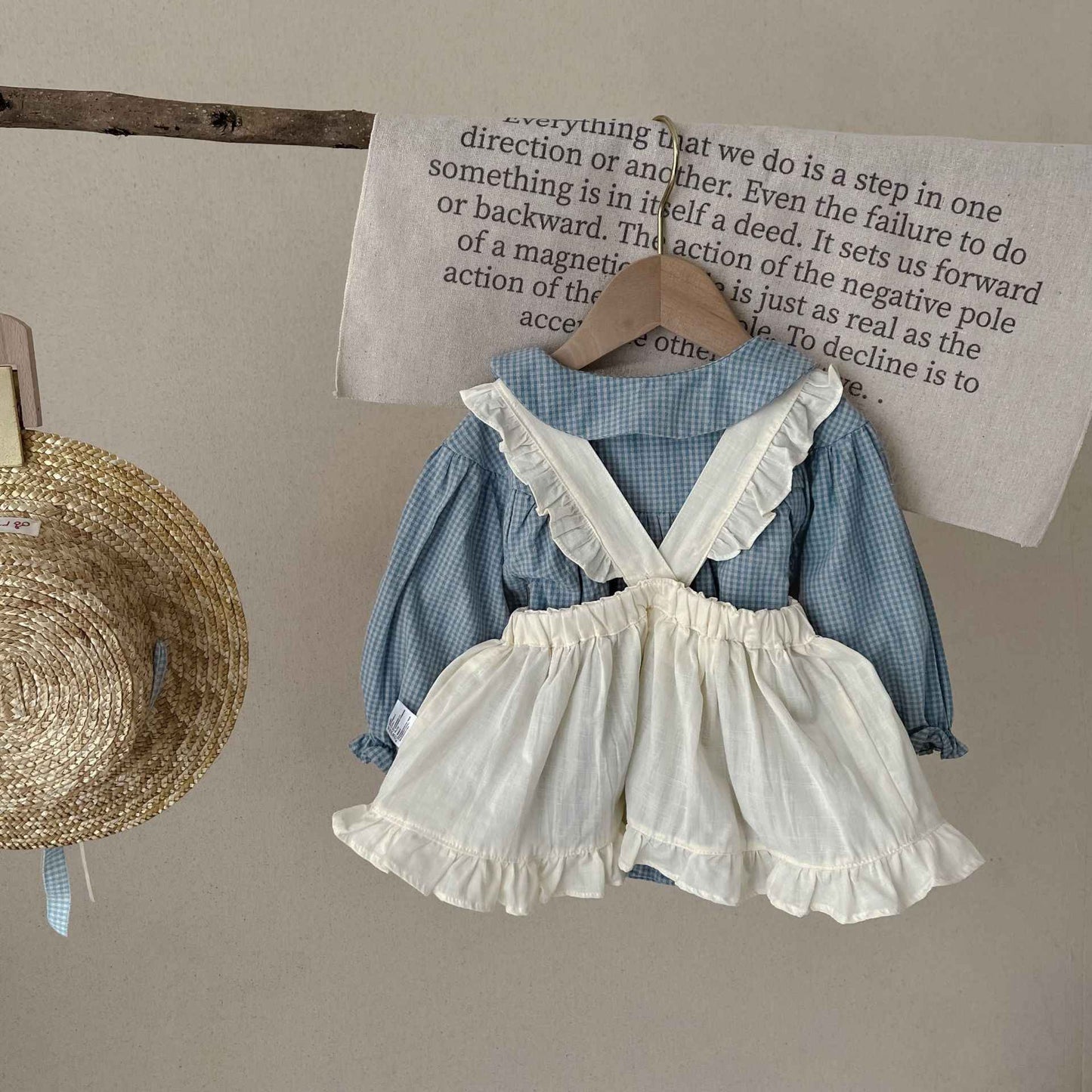 Vintage-Inspired Baby Girl Romper Set – Long Sleeve Gingham with Pinafore Skirt