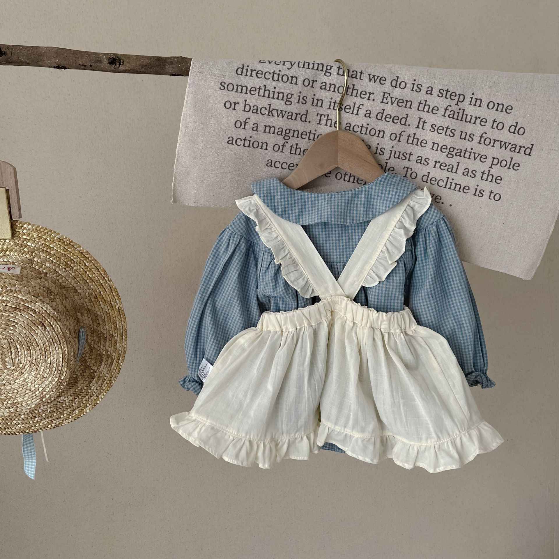 Vintage-Inspired Baby Girl Romper Set – Long Sleeve Gingham with Pinafore Skirt