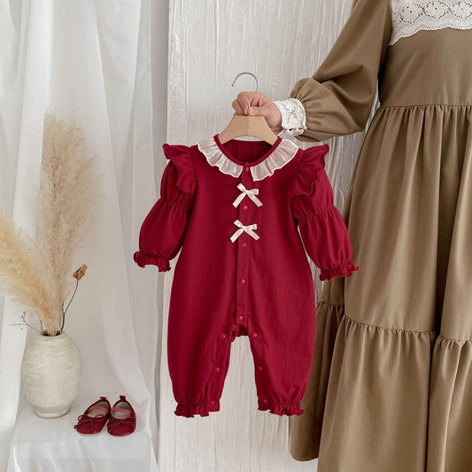 Classic Autumn Baby Jumpsuit – Red Long Sleeve Romper with Ruffle Collar