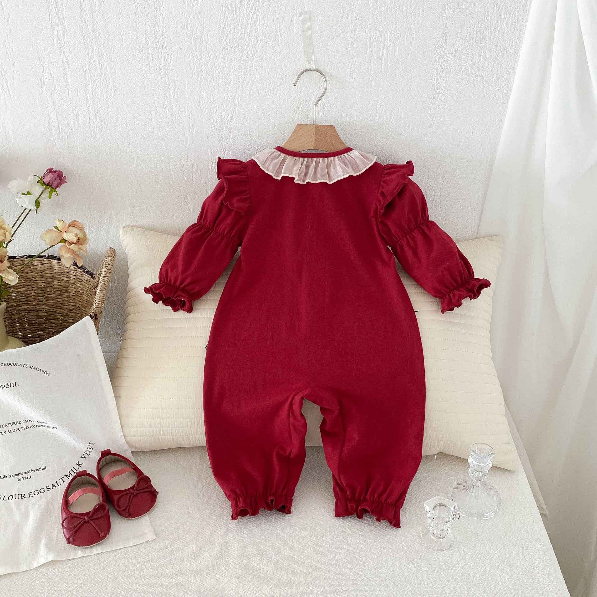 Classic Autumn Baby Jumpsuit – Red Long Sleeve Romper with Ruffle Collar