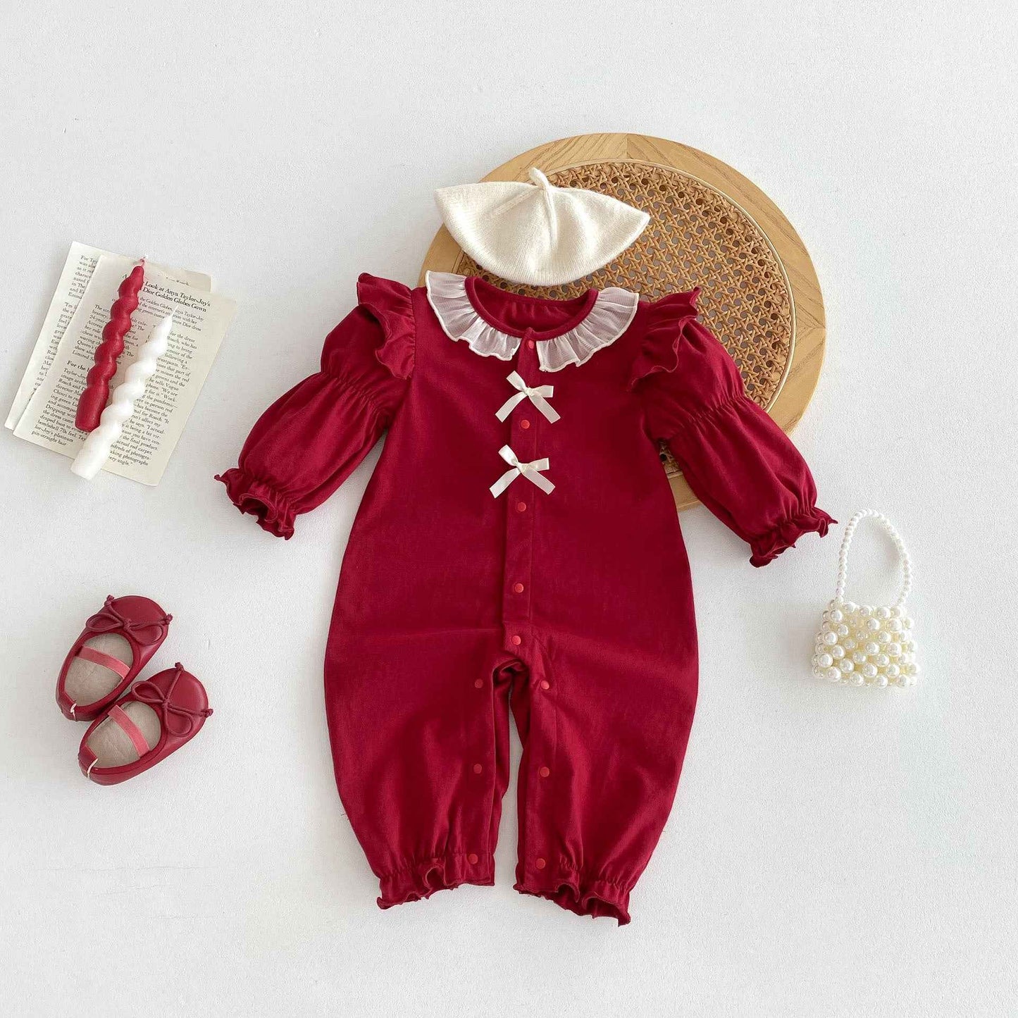Classic Autumn Baby Jumpsuit – Red Long Sleeve Romper with Ruffle Collar