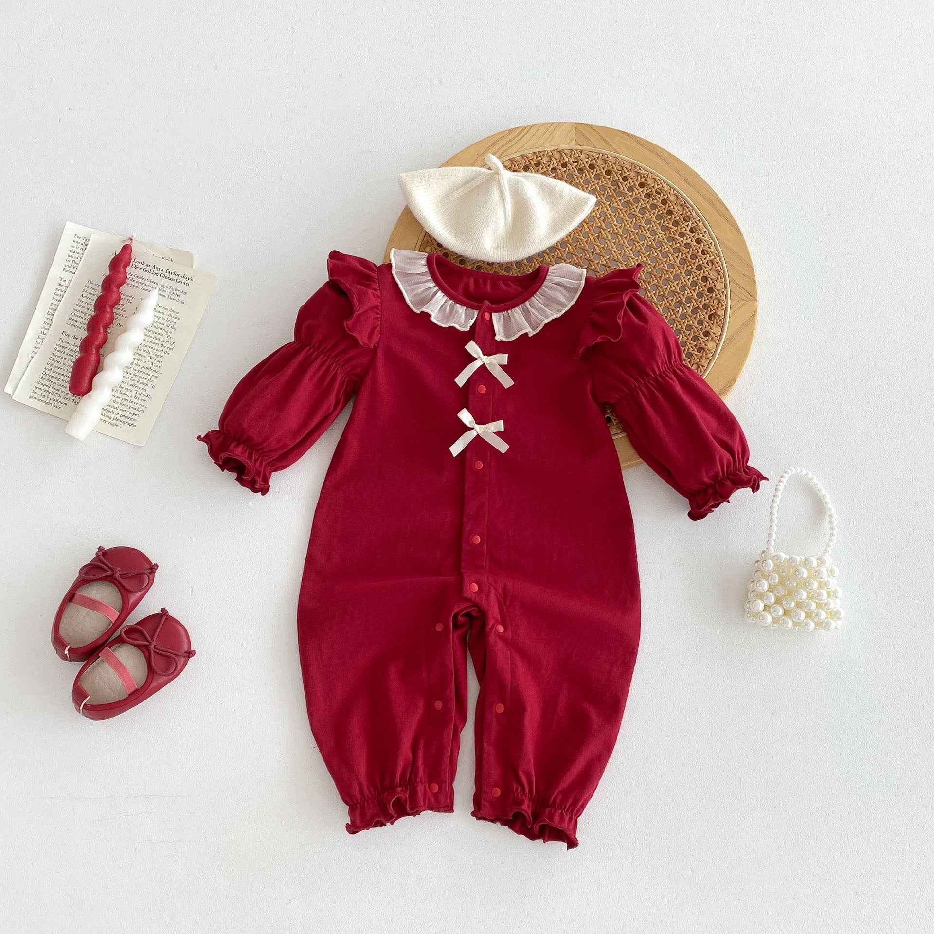 Classic Autumn Baby Jumpsuit – Red Long Sleeve Romper with Ruffle Collar