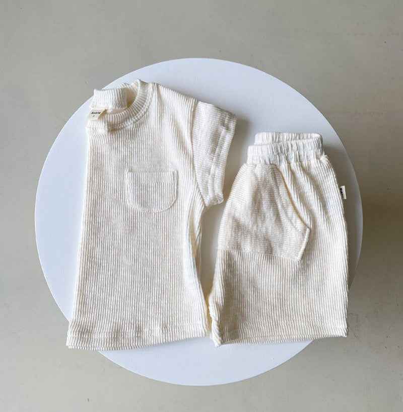 Ribbed Cotton Baby Romper – Beige Pocket Edition