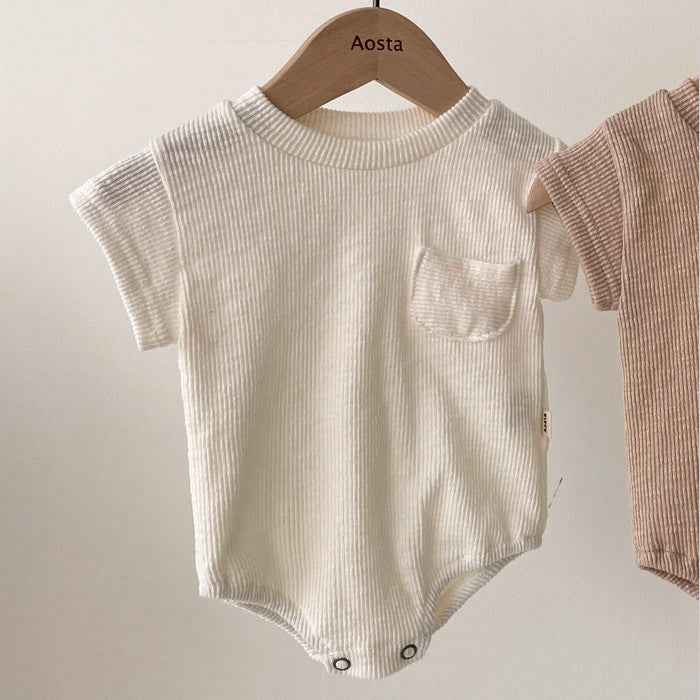 Ribbed Cotton Baby Romper – Beige Pocket Edition