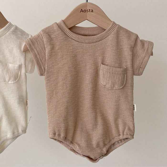 Ribbed Cotton Baby Romper – Beige Pocket Edition