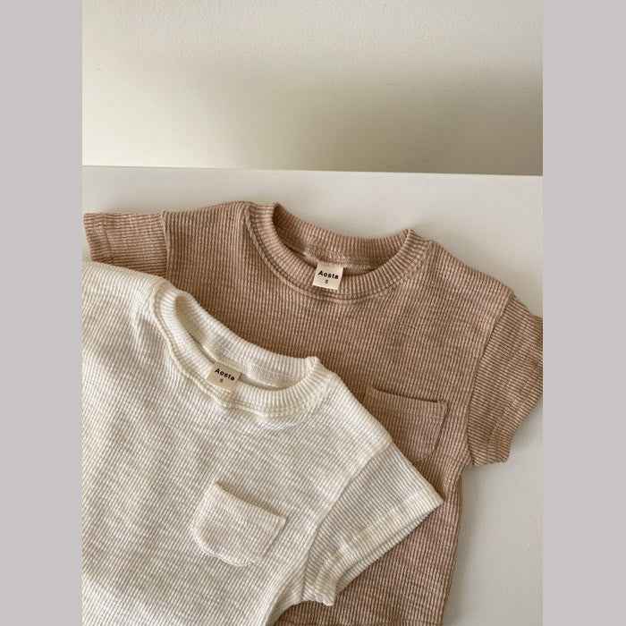 Ribbed Cotton Baby Romper – Beige Pocket Edition