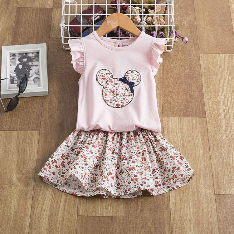 Girls Floral Mouse Tee Set with Ruffle Sleeve Top & Printed Skirt