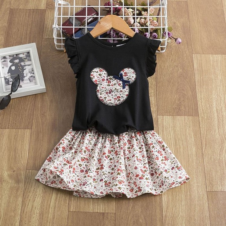 Girls Floral Mouse Tee Set with Ruffle Sleeve Top & Printed Skirt