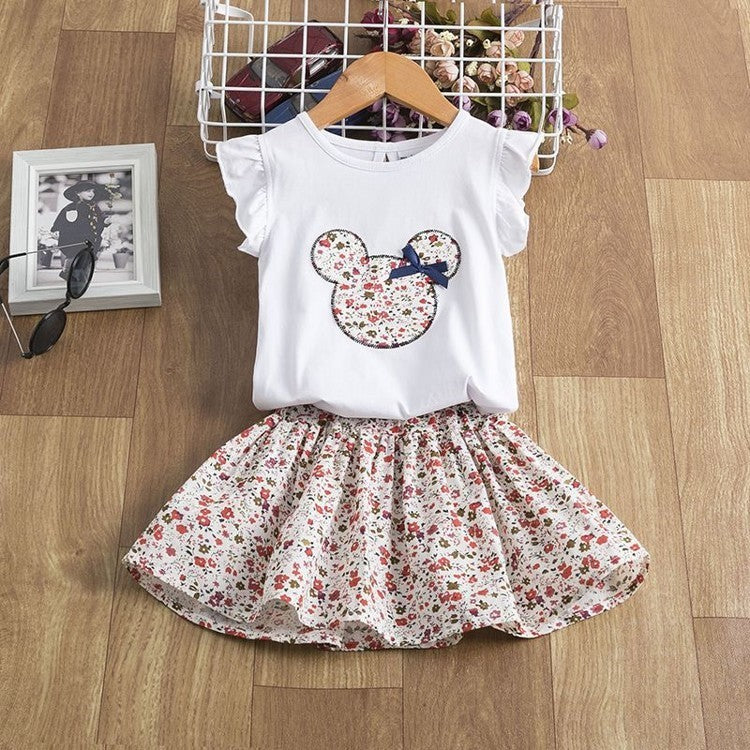 Girls Floral Mouse Tee Set with Ruffle Sleeve Top & Printed Skirt