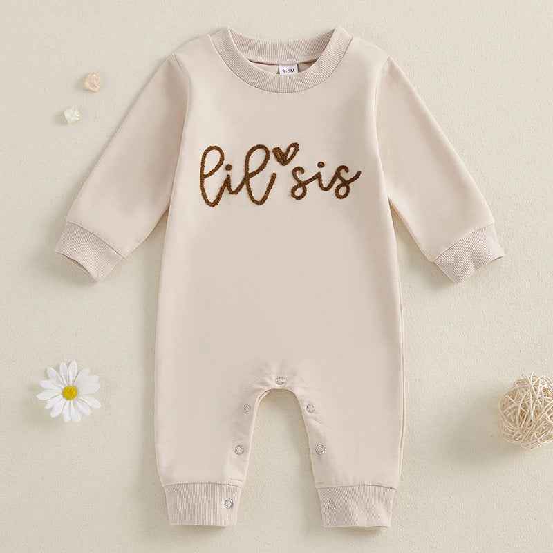 Lil Sis Embroidered Baby Romper – Neutral Cream