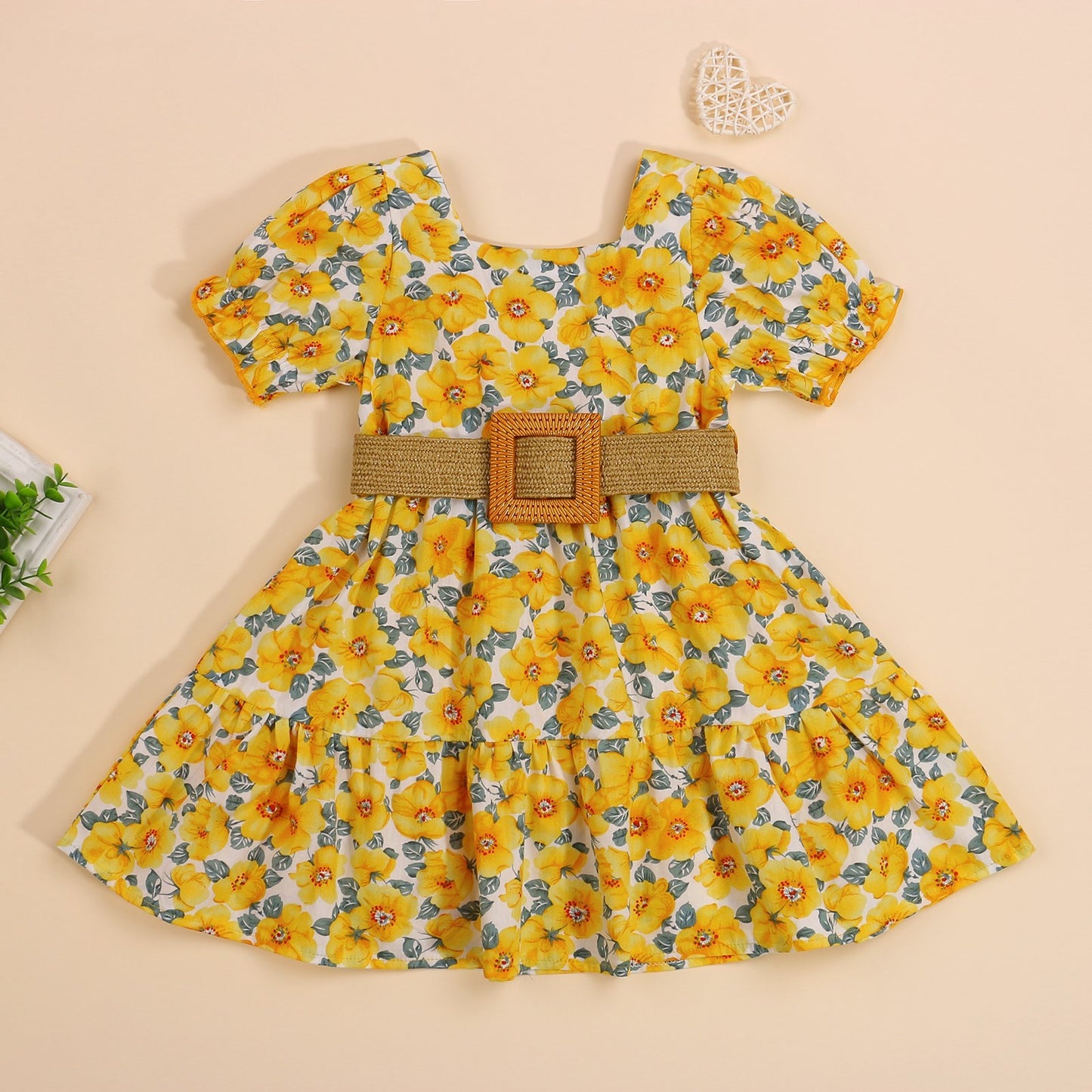 Girl Floral Summer Dress with Short Sleeves and Belted Design for Girls