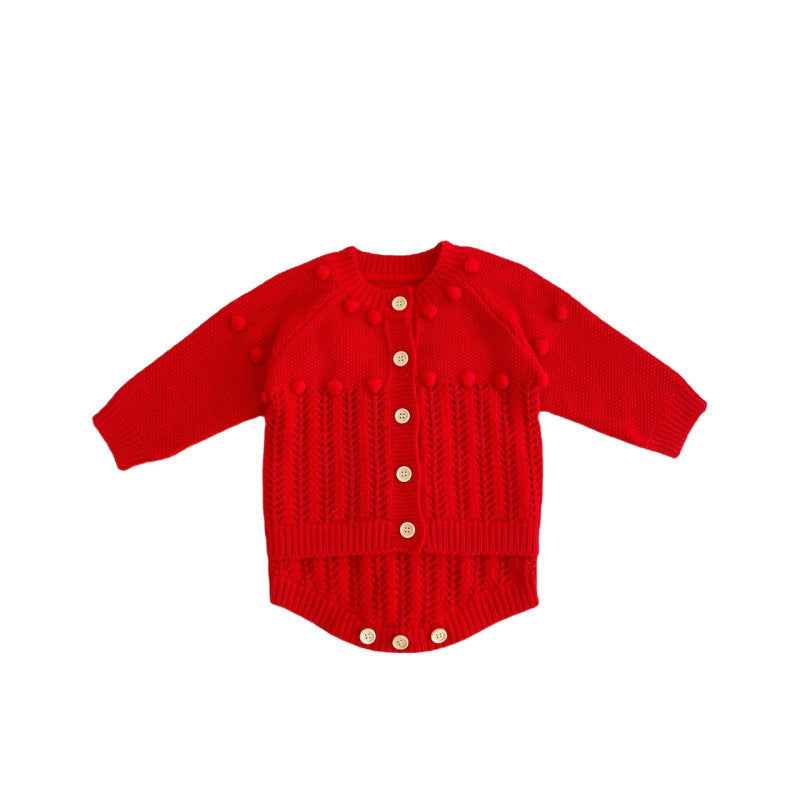 Handmade Cotton Knit Baby Set – Romper, Cardigan & Hat