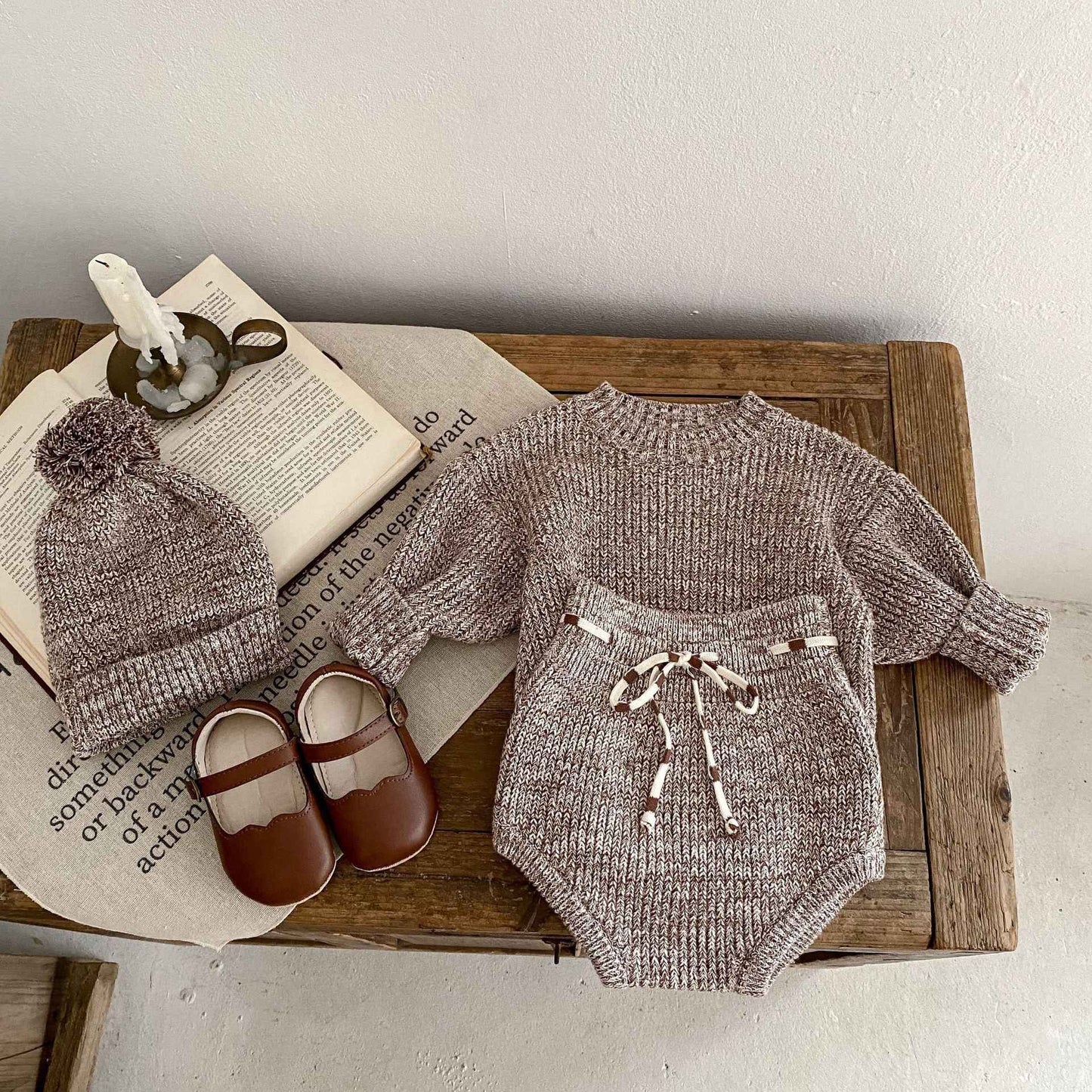 3-Piece Baby Knitwear Set – Pullover Romper, Knit Pants & Pom-Pom Hat