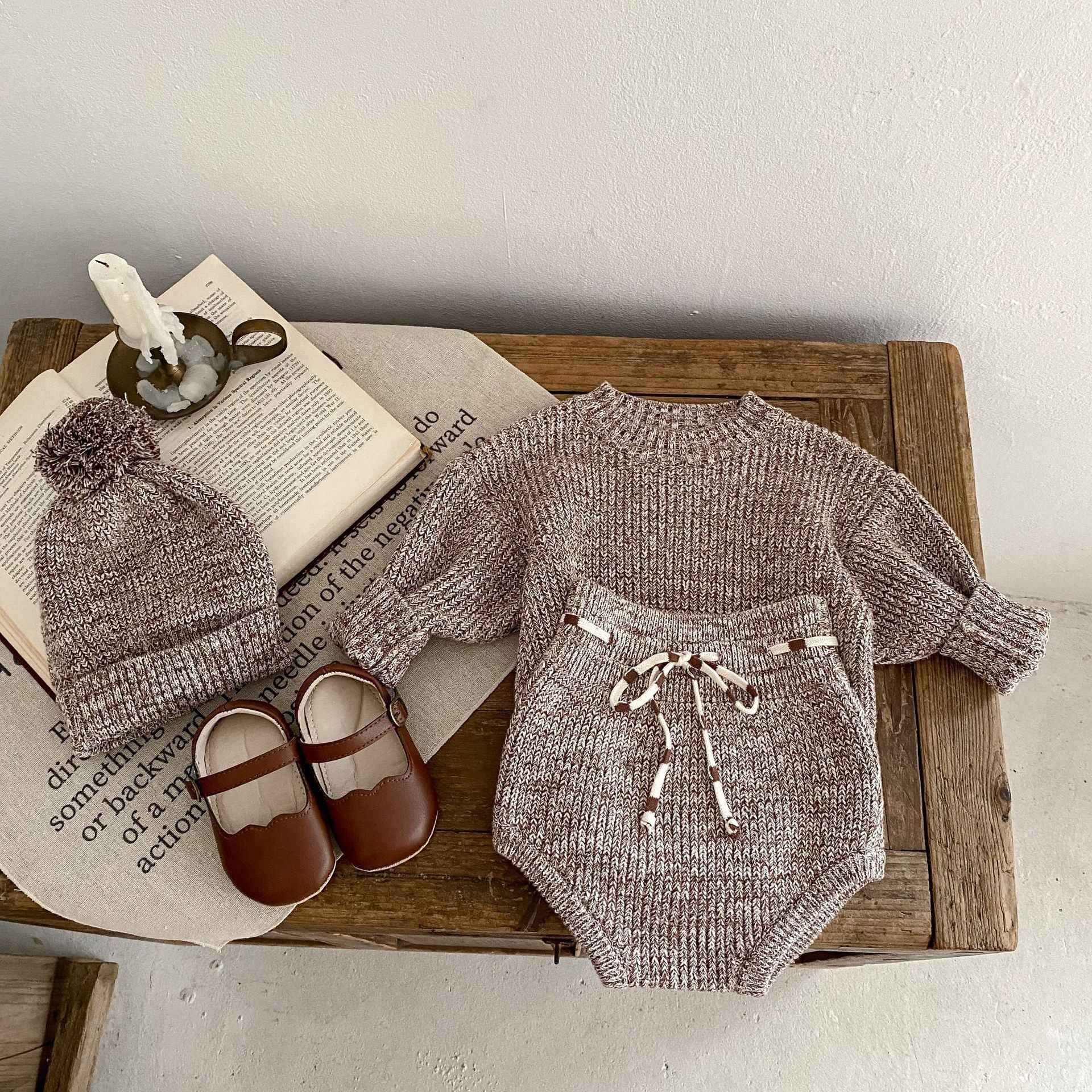 3-Piece Baby Knitwear Set – Pullover Romper, Knit Pants & Pom-Pom Hat