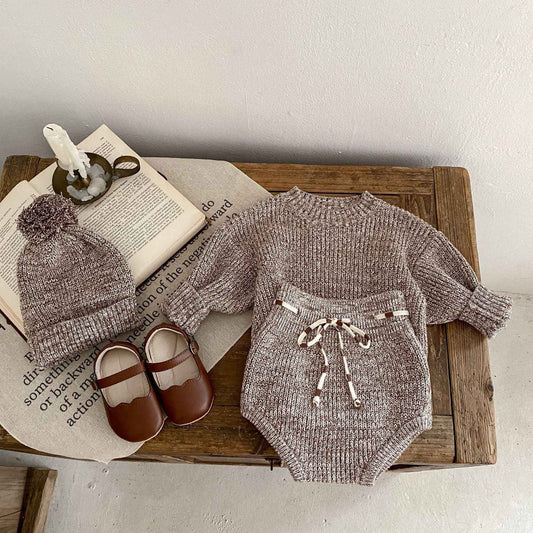 3-Piece Baby Knitwear Set – Pullover Romper, Knit Pants & Pom-Pom Hat