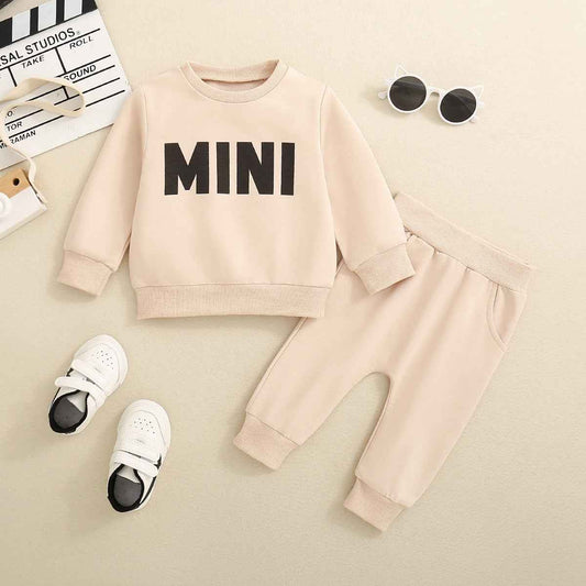 MINI Print Cotton Baby Tracksuit – Beige Two-Piece Set