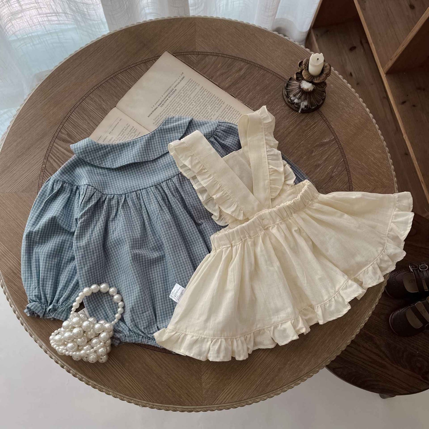 Vintage-Inspired Baby Girl Romper Set – Long Sleeve Gingham with Pinafore Skirt
