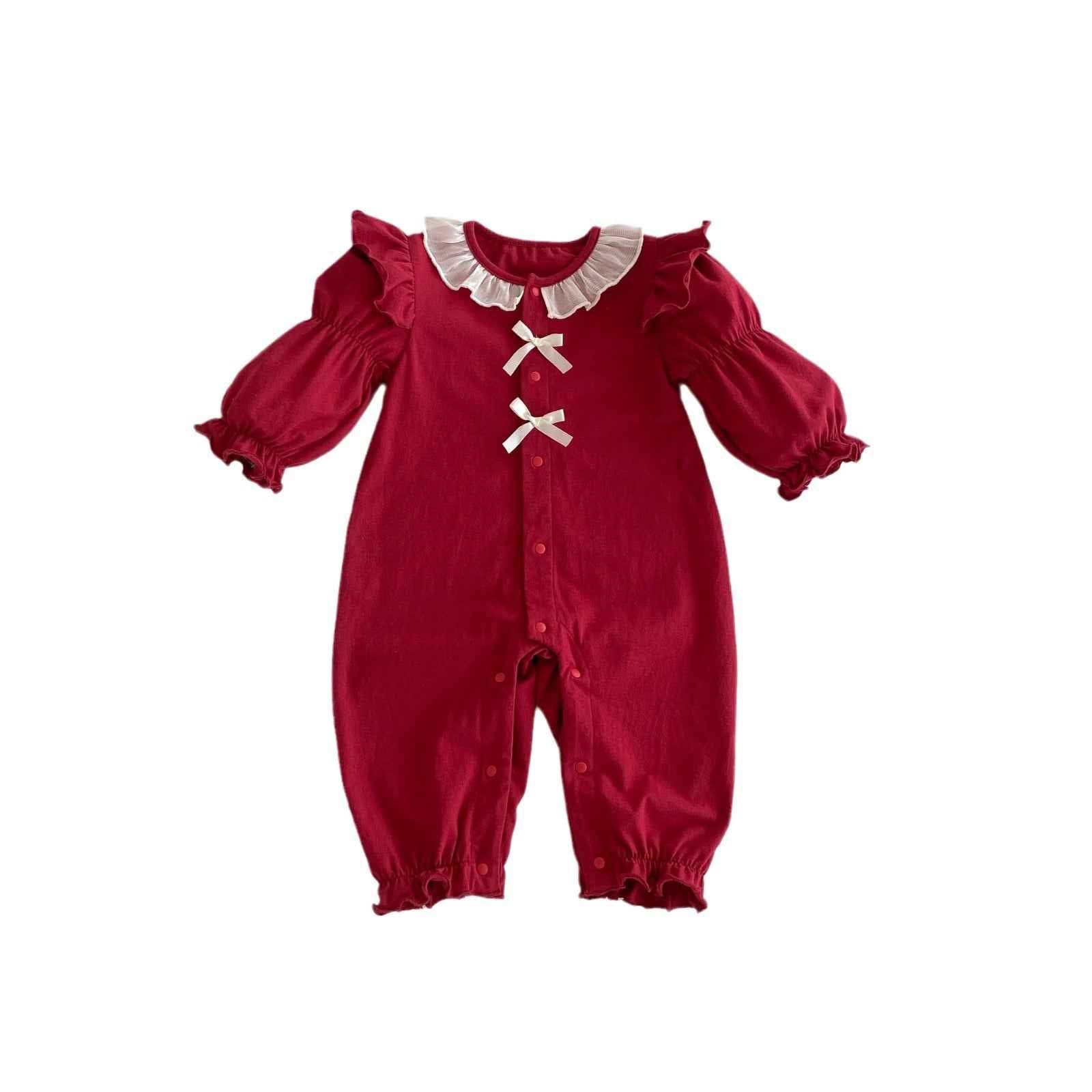 Classic Autumn Baby Jumpsuit – Red Long Sleeve Romper with Ruffle Collar