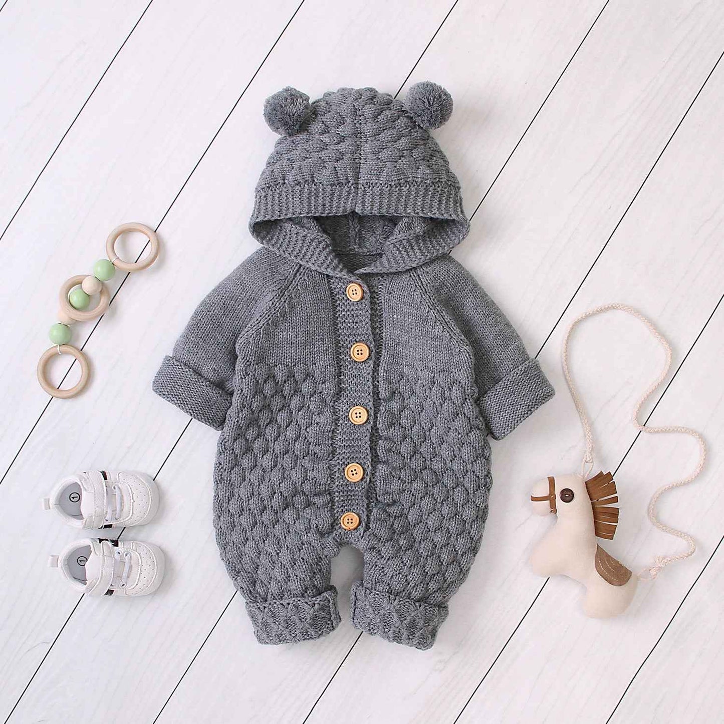 Chunky Knit Baby Jumpsuit – Hooded Bear Ear Romper