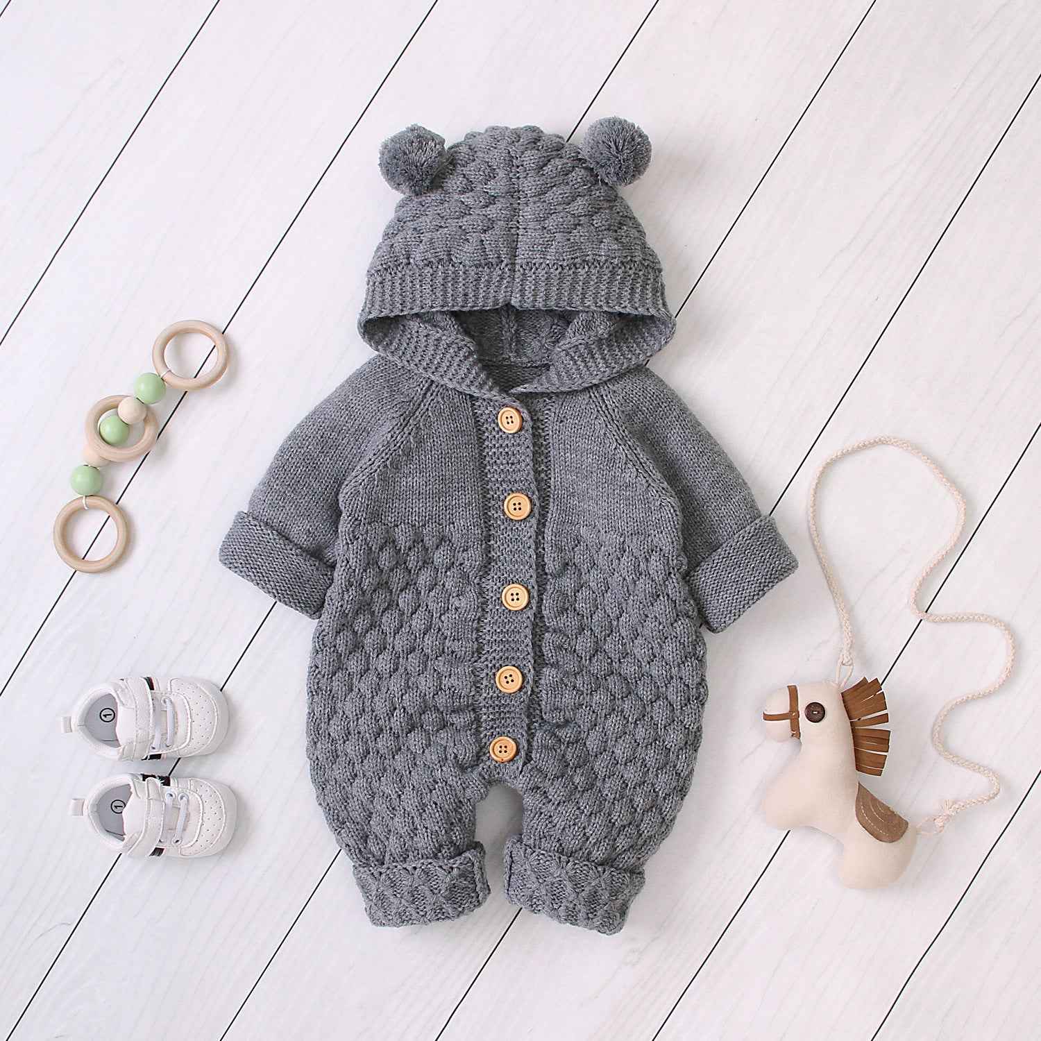 Chunky Knit Baby Jumpsuit – Hooded Bear Ear Romper