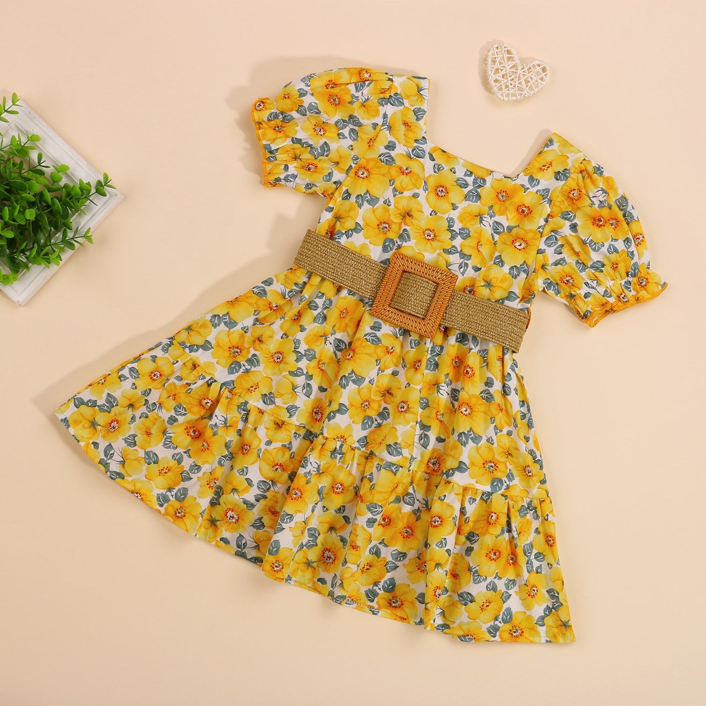 Girl Floral Summer Dress with Short Sleeves and Belted Design for Girls