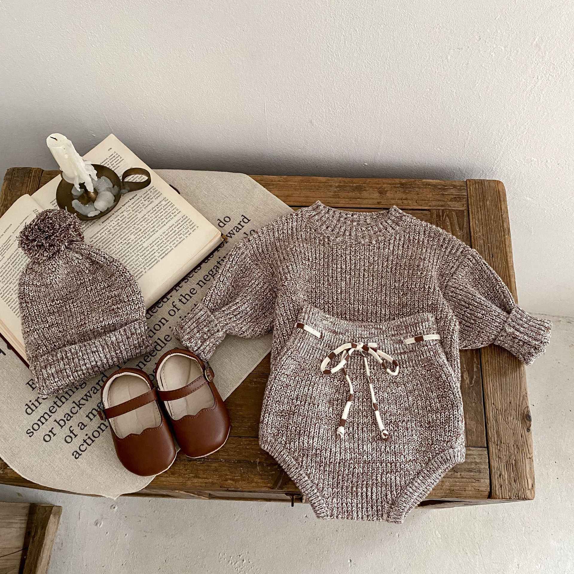 3-Piece Baby Knitwear Set – Pullover Romper, Knit Pants & Pom-Pom Hat