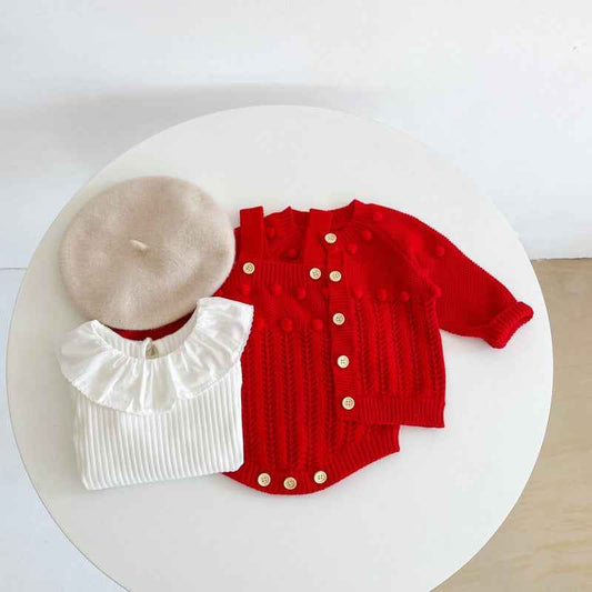 Handmade Cotton Knit Baby Set – Romper, Cardigan & Hat
