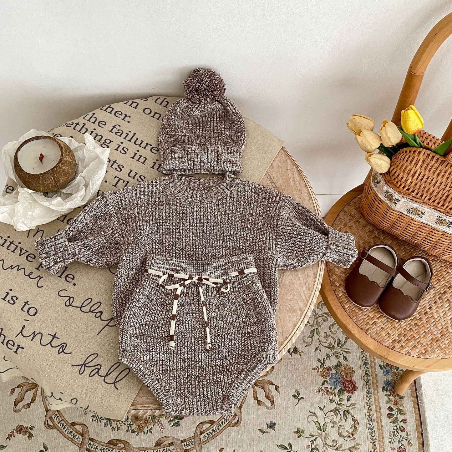 3-Piece Baby Knitwear Set – Pullover Romper, Knit Pants & Pom-Pom Hat
