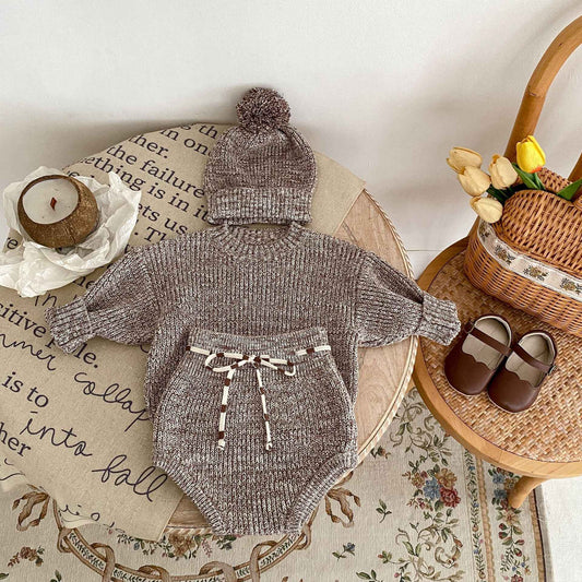 3-Piece Baby Knitwear Set – Pullover Romper, Knit Pants & Pom-Pom Hat