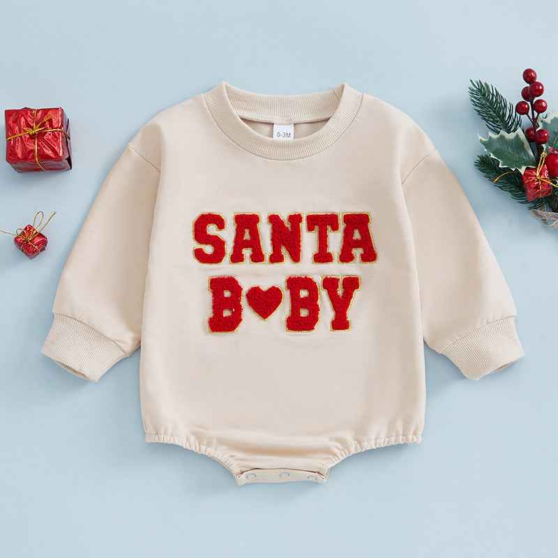 Santa Baby Fleece Baby Bodysuit – Festive Holiday Romper (Beige & Red)