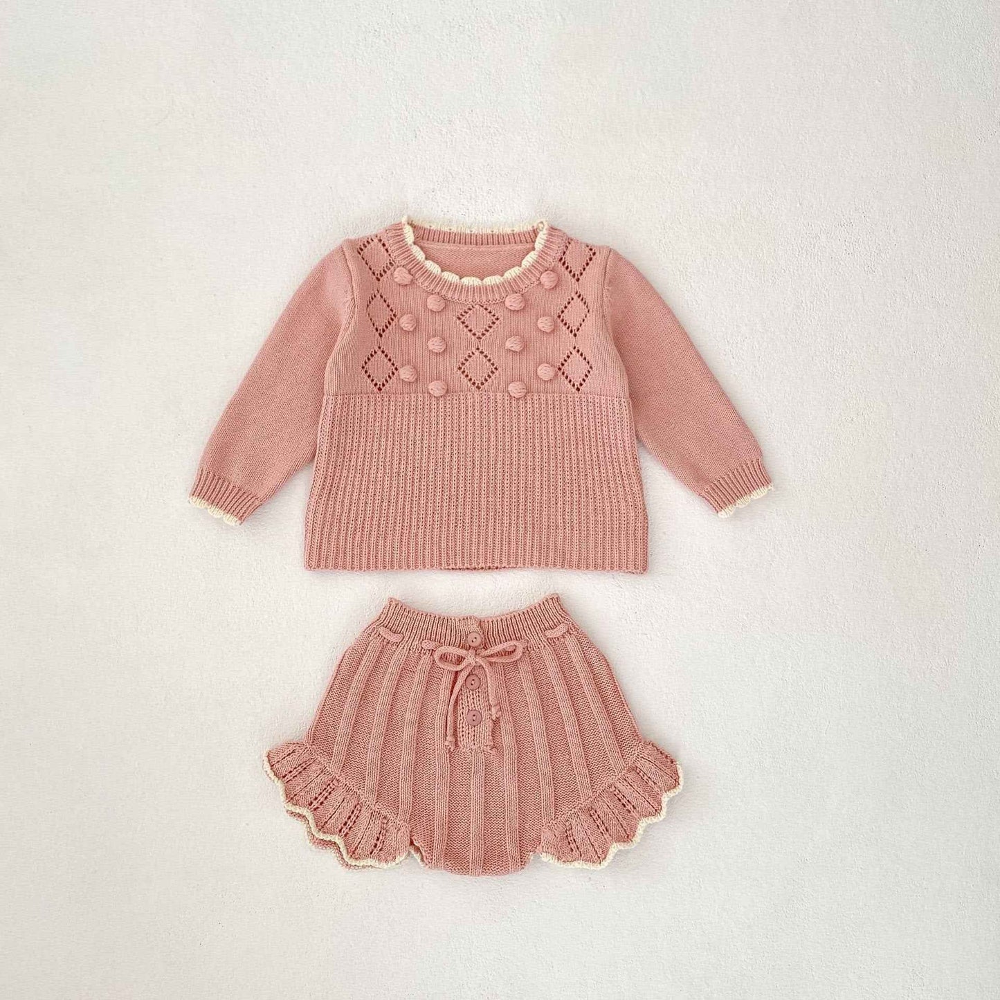 Handmade Knit Baby Set – Scalloped Sweater & Shorts