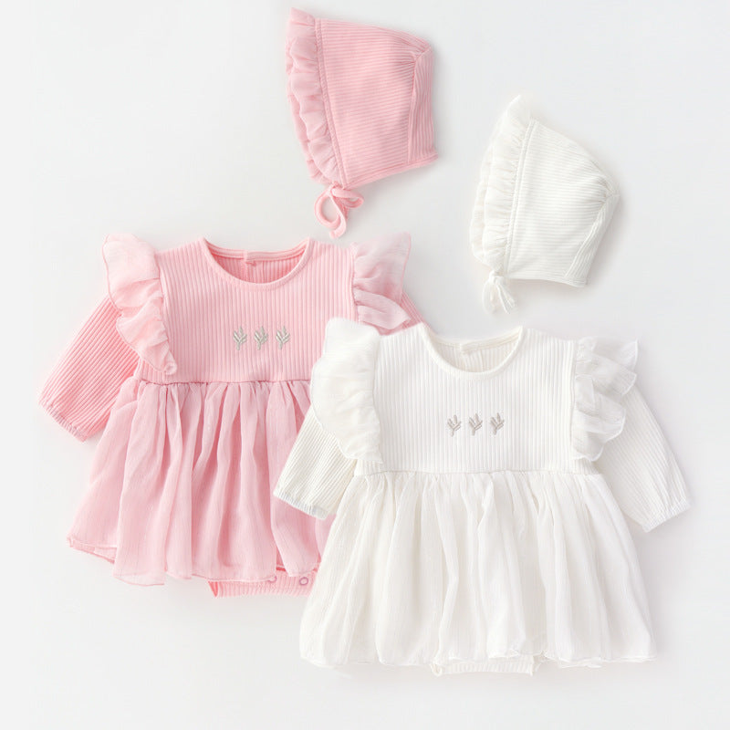 Baby Girl Romper Set – Adorable Frilly Cotton Dress Look with Bonnet