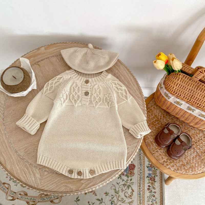 Baby Round Neck Knitted Pullover Romper – Beige