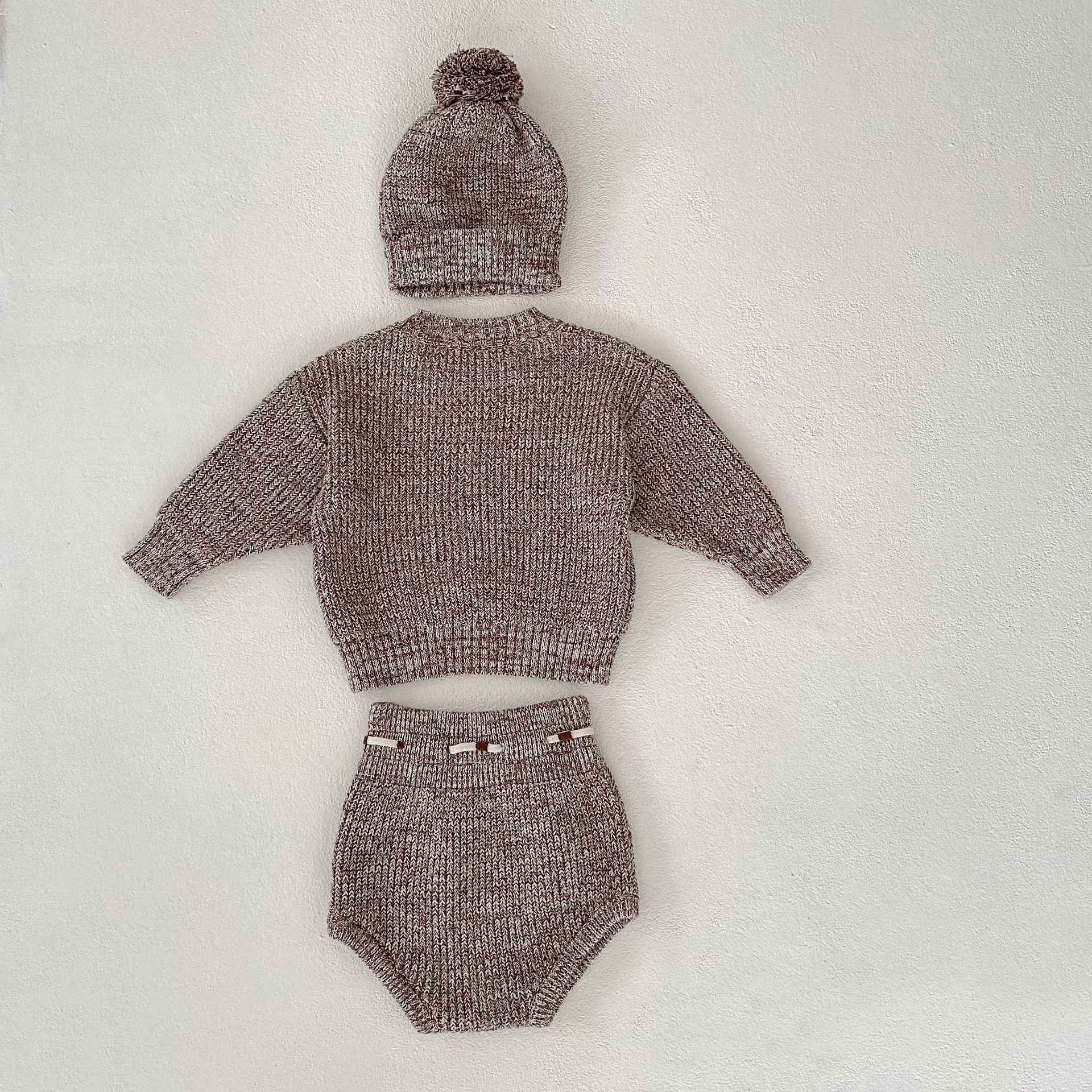 3-Piece Baby Knitwear Set – Pullover Romper, Knit Pants & Pom-Pom Hat