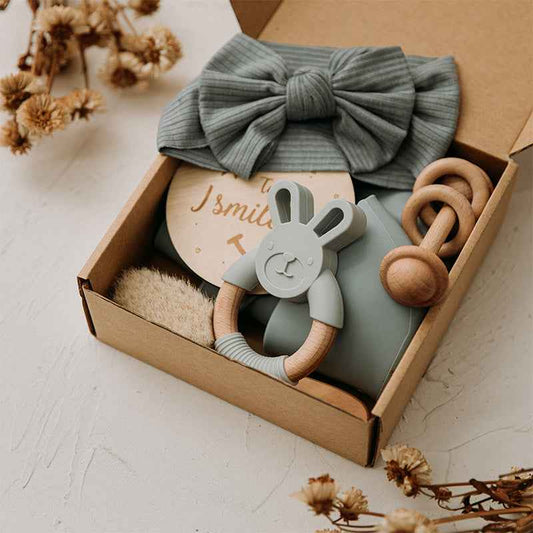 Newborn Baby Shower Gift Set – Natural Teether & Soft Accessories (6-Piece)
