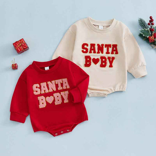 Santa Baby Fleece Baby Bodysuit – Festive Holiday Romper (Beige & Red)