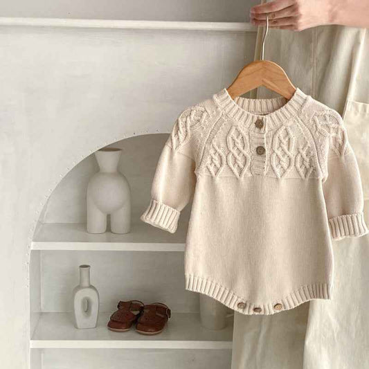 Baby Round Neck Knitted Pullover Romper – Beige