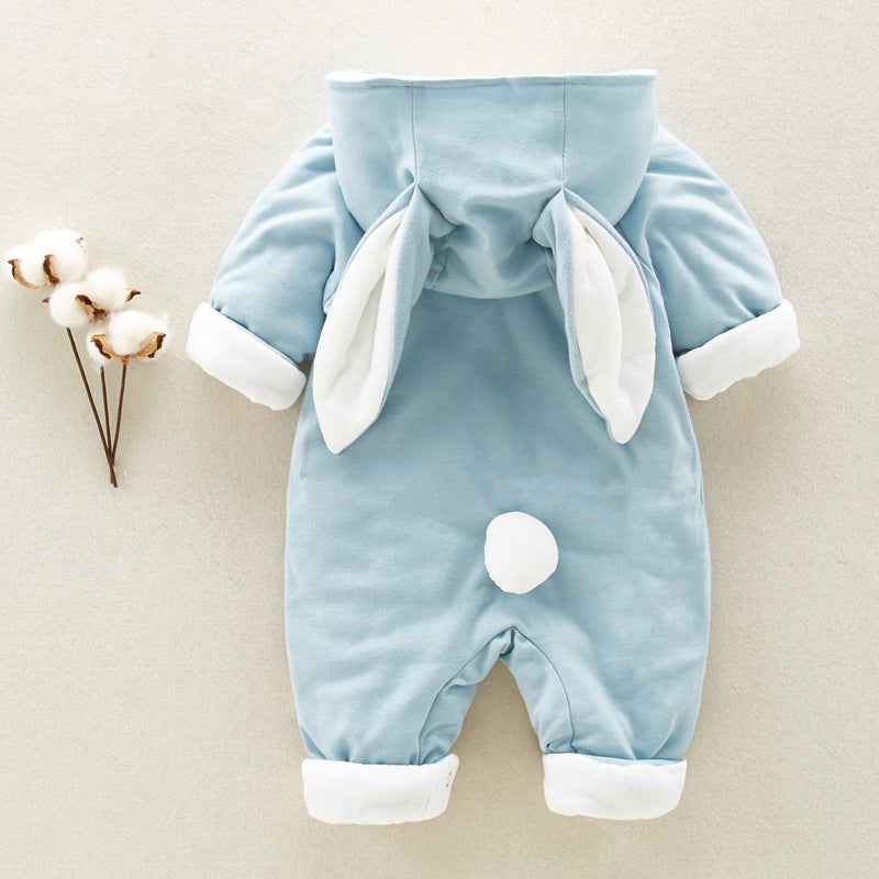 Bunny Ears Padded Baby Romper – Thick Cotton Hooded Jumpsuit