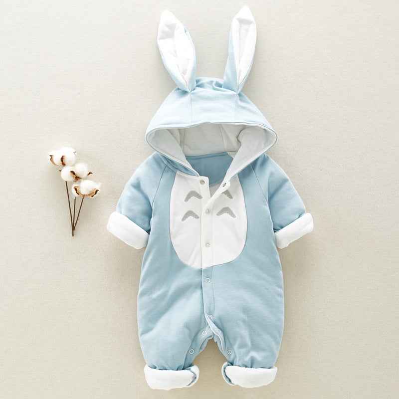 Bunny Ears Padded Baby Romper – Thick Cotton Hooded Jumpsuit