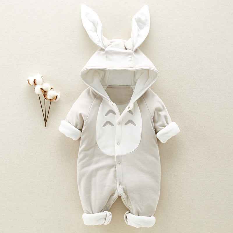 Bunny Ears Padded Baby Romper – Thick Cotton Hooded Jumpsuit