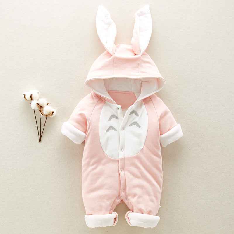 Bunny Ears Padded Baby Romper – Thick Cotton Hooded Jumpsuit