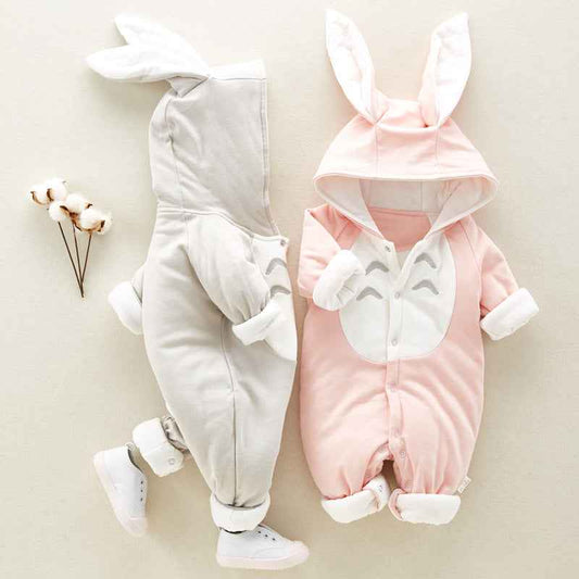 Bunny Ears Padded Baby Romper – Thick Cotton Hooded Jumpsuit