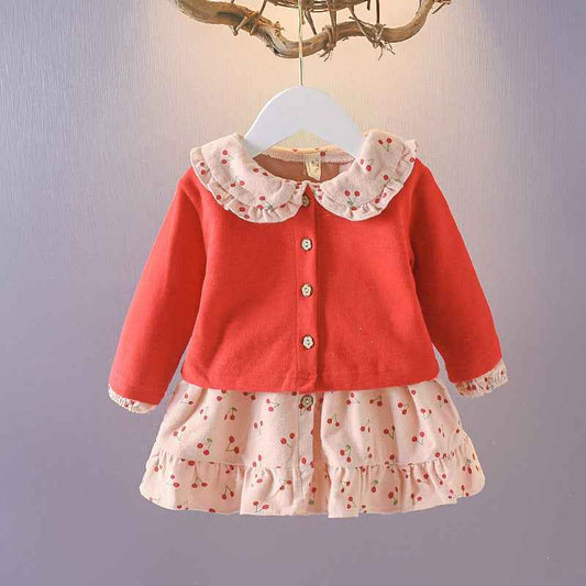 Baby Girl Classic Autumn Clothing Set – Button-Up Cardigan & Cherry Print Dress