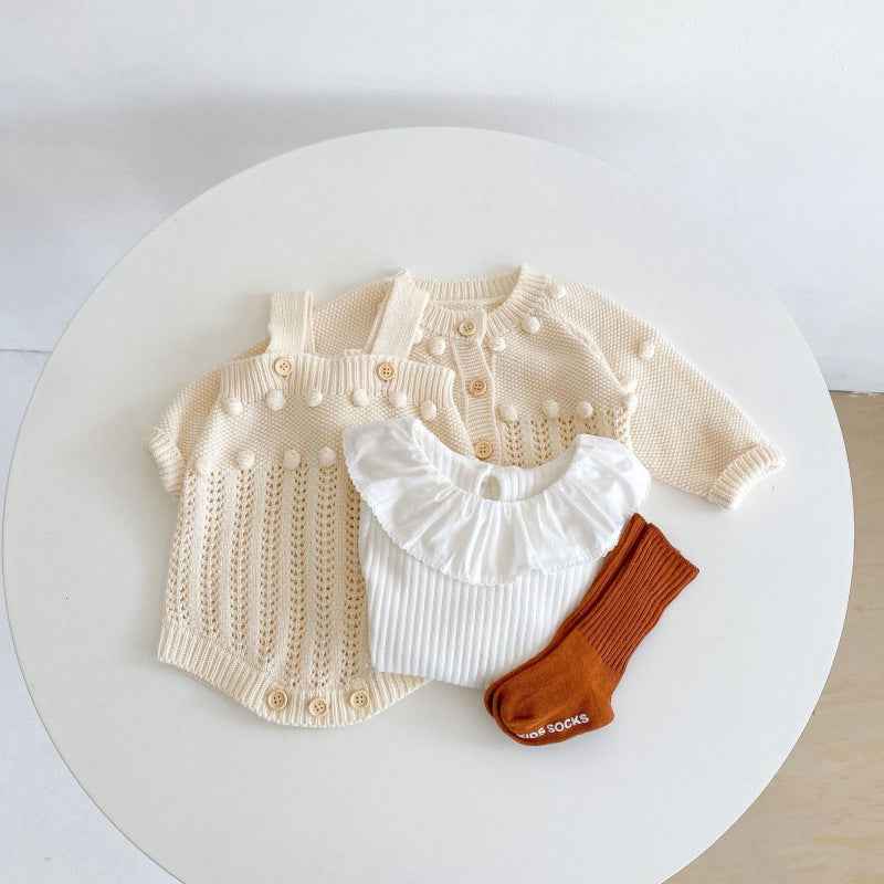 Handmade Cotton Knit Baby Set – Romper, Cardigan & Hat